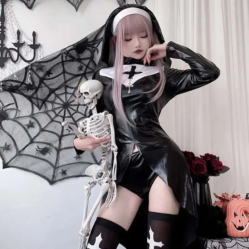 Anime Cosplay Nun - Disfraz de Monja, Mono de Cuero