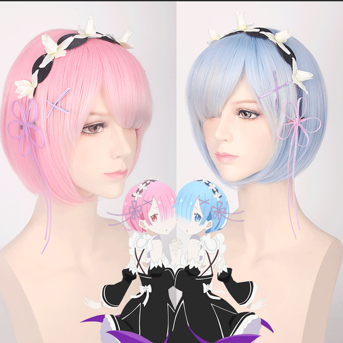 Re Zero Rem Wig - Peluca de cosplay de Ram Rem